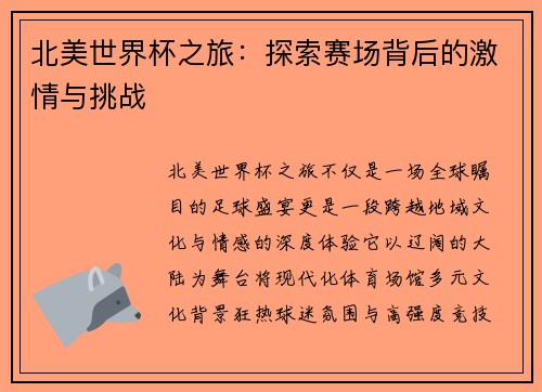 北美世界杯之旅：探索赛场背后的激情与挑战