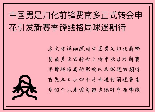 中国男足归化前锋费南多正式转会申花引发新赛季锋线格局球迷期待
